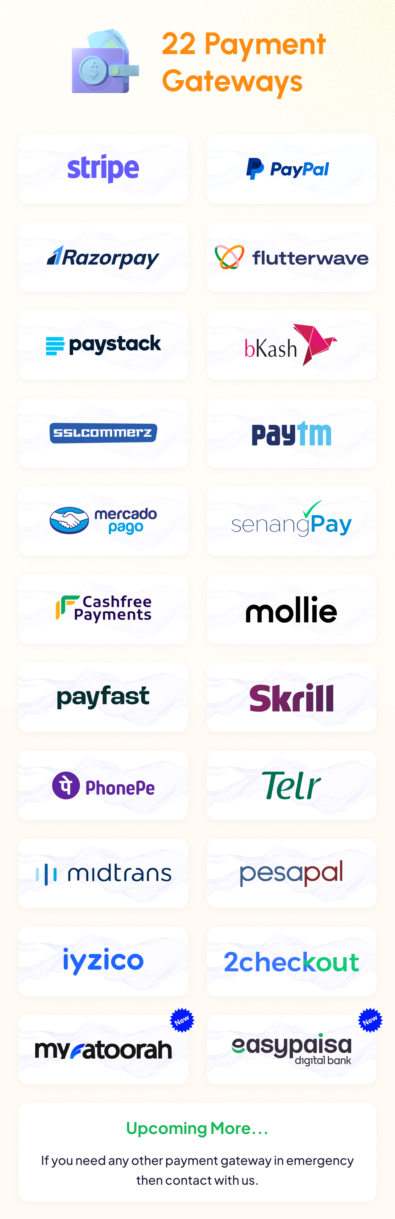 22 payment Gateway integrated with shopperzz PayPal, Stripe, RazorPay, FlutterWave, PayStack, Bkash, Sslcommerz, PayTm, MercadoPago, SenangPay, Cashfree, Mollie, Skrill, PhonePe, telr, midtrans, pesapaln, iyzico, 2checkout, MyFatoorah, Easypaisa etc